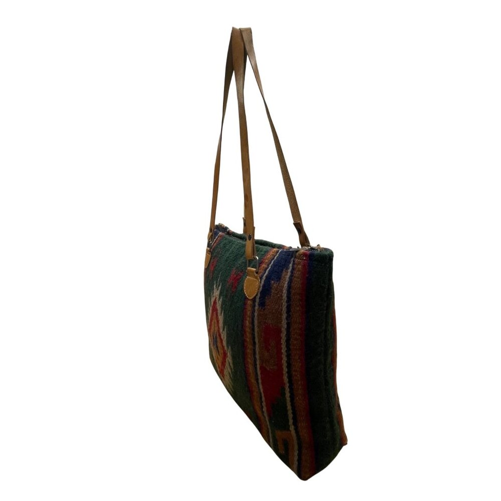 Handcrafted Women’s Green Woven Southwestern Boho With Leather Straps Tote Bag - Picture 4 of 8